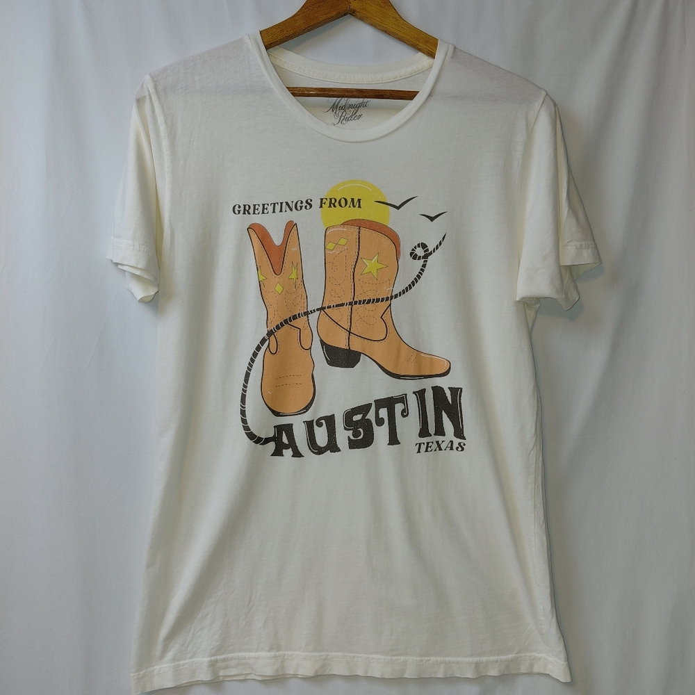 Midnight Rider‎ Austin Texas T Shirt Women's Sz Small Cream Boots Rodeo Festival